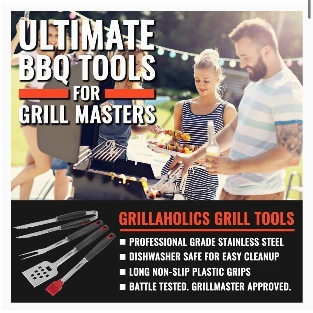 Brand New Grillaholics BBQ 4-Piece Heavy Duty Stainless Steel Grill Tools Set